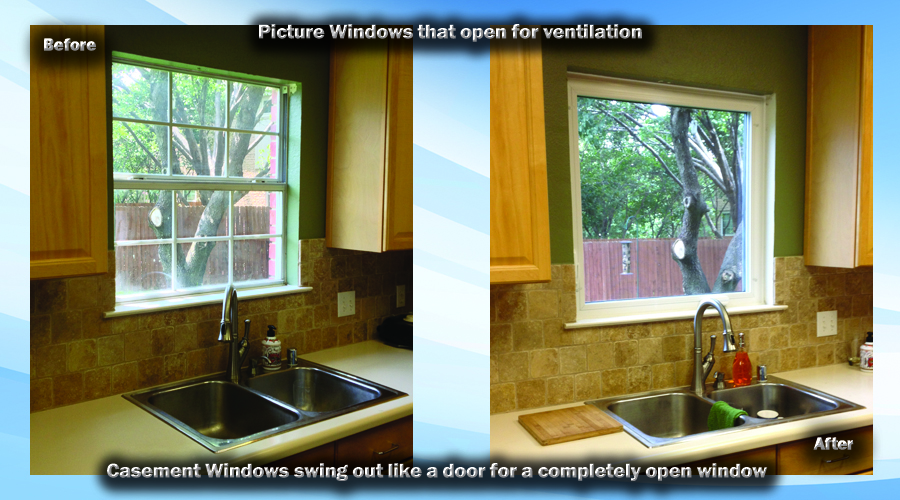 Single Hung windows go up and down but casements that swing or venting windows that slide are also great options for windows in the kitchen.